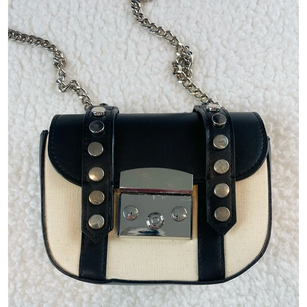 ZARA • Black/Cream Faux Leather and Canvas Studded Mini Chainlink Crossbody Bag - Picture 14 of 16